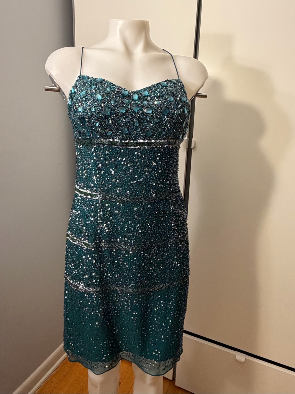 Aidan Mattox Teal Beaded Spaghetti-Strap Midi Dress